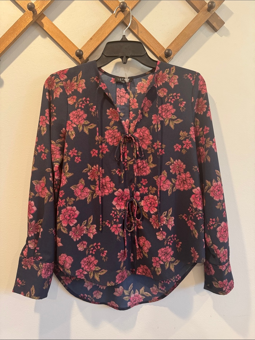 1. State Navy Floral Tie-Front Blouse with Pink Print